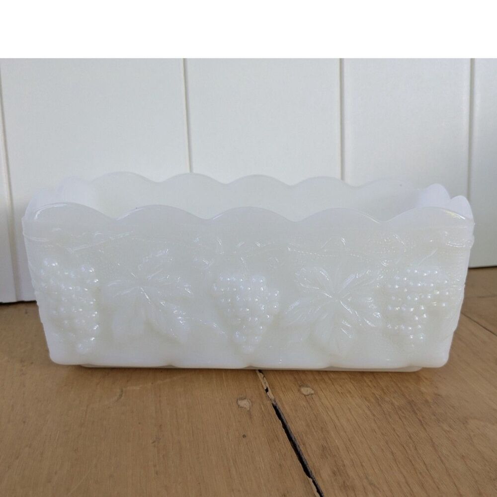 Anchor Hocking Milk Glass Rectangular Box or Planter with Grapes Pattern